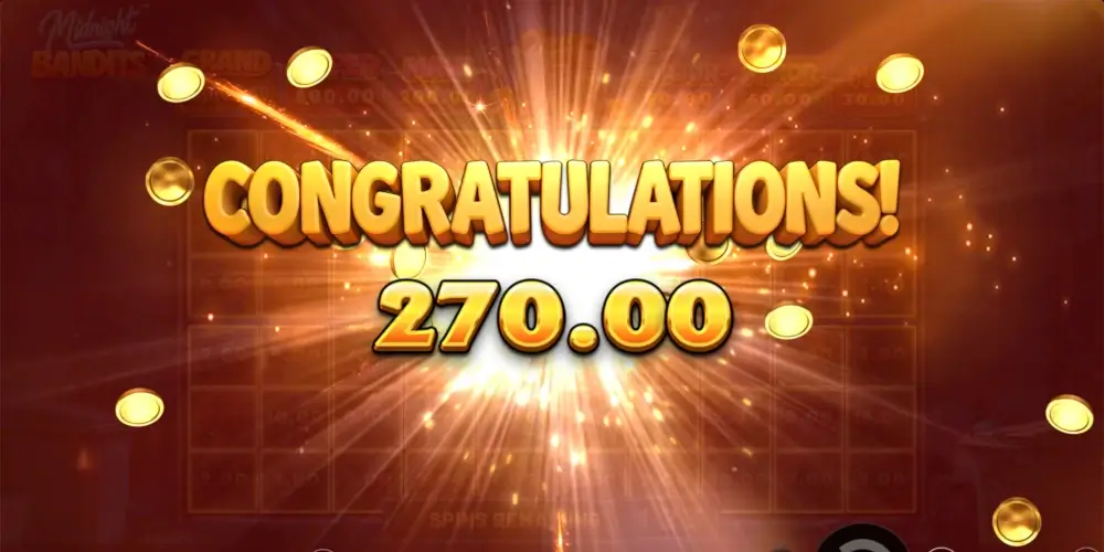 Midnight Bandits bonus win screen showing a 270.00 payout