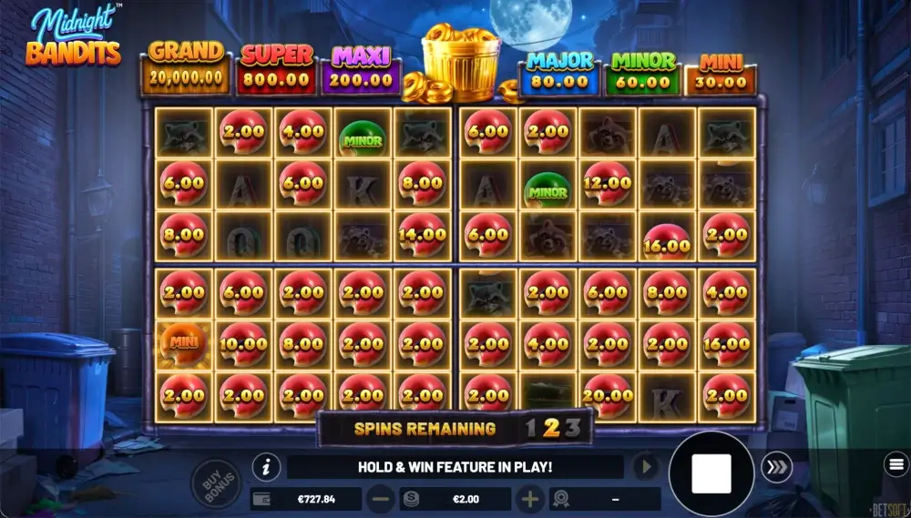 Midnight Bandits Hold and Win bonus game with expanded 10x6 grid and locked Bonus symbols