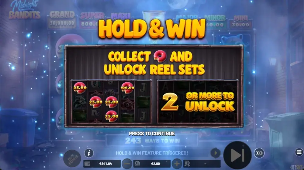 Midnight Bandits Hold and Win feature triggered with Bonus symbols and locked reel sets