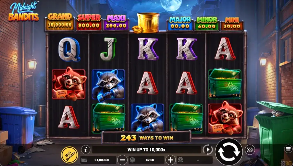 Midnight Bandits slot interface showing the 5x3 base game, 243 ways to win and fixed prize panel